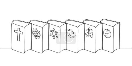 Illustration for Religious books in different faiths: Bible, Tripitaka, Tanakh, Koran, Bhagavad Gita and Tao Te Ching. Interfaith Harmony Week. Images produced without the use of any form of AI software at any stage. - Royalty Free Image