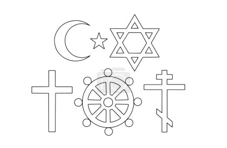 Illustration for Symbols of major religions: Islam, Judaism, Catholicism, Buddhism and Christianity. World Interfaith Harmony Week. Images produced without the use of any form of AI software at any stage. - Royalty Free Image