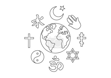 Planet Erde umgeben von den großen Weltreligionen. Respektvolle Haltung gegenüber anderen Religionen. Interreligiöse Harmoniewoche. Bilder, die in jeder Phase ohne den Einsatz von KI-Software erstellt werden. 