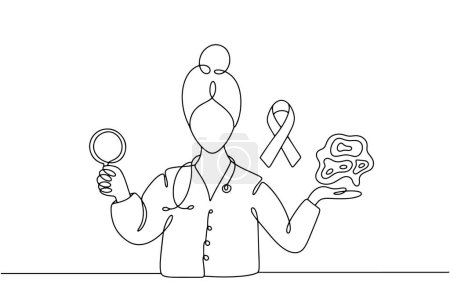 Illustration for An oncologist holds a magnifying glass in one hand and a cancer cell in the other. Study of cell changes in cancer. Images produced without the use of any form of AI software at any stage. - Royalty Free Image