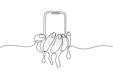 Ilustración de The hand is holding a mobile phone, which flows through the fingers. Metaphor of wasting time in gadgets. Vector illustration. Images produced without the use of any form of AI software at any stage. - Imagen libre de derechos