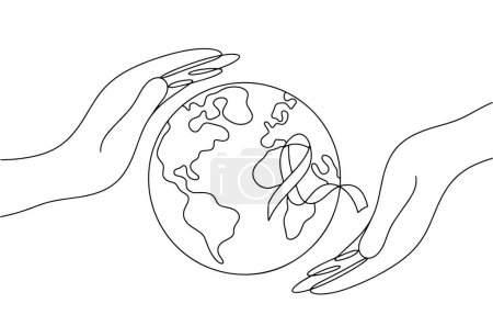 Ilustración de Hands protect the planet. Planet Earth with anti-cancer ribbon. World medical problem. Prevention of oncology. Vector. Images produced without the use of any form of AI software at any stage. - Imagen libre de derechos