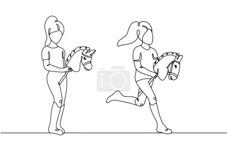 Ilustración de La chica se dedica a la afición de las carreras de caballos. Entrenamiento de carreras de Hobbyhorse. Pasatiempo deportivo creativo. Ilustración vectorial. Imágenes producidas sin el uso de ningún tipo de software de IA en cualquier etapa. - Imagen libre de derechos