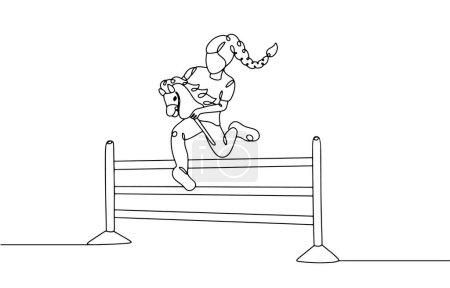 Ein Mädchen springt auf einem Steckenpferd über eine Absperrung. Aktiver Sport. Springen mit einem Spielzeugpferd. Modernes Hobby. Vektorillustration. Bilder, die in jeder Phase ohne den Einsatz von KI-Software erstellt werden. 
