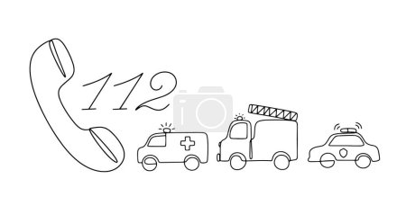 Illustration for Emergency number 112. Call an ambulance, fire brigade or police. Emergency service vehicles. European 112 Day. Vector. Images produced without the use of any form of AI software at any stage. - Royalty Free Image