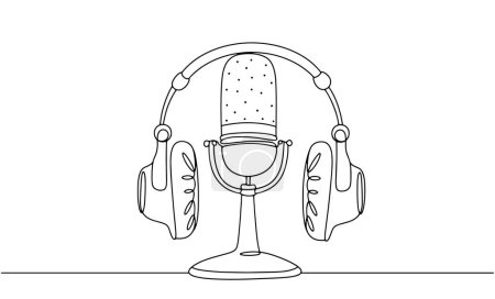 Headphones are placed on the microphone. Recording studio. Minimal creative concept. Equipment for voice work. Images produced without the use of any form of AI software at any stage. 