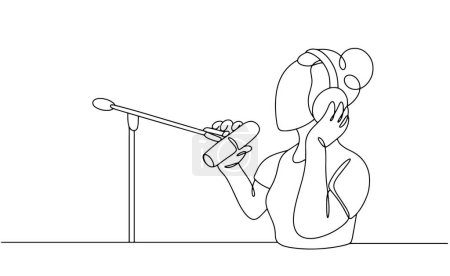 Illustration for A woman with headphones on her head speaks into a microphone. Working in a recording studio. Creative profession. Images produced without the use of any form of AI software at any stage. - Royalty Free Image