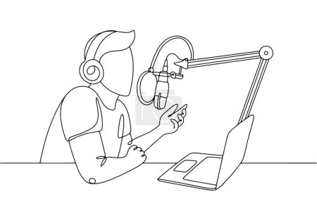 Illustration for A man sits with headphones and speaks into a microphone in a recording studio. Work as a radio host, voice actor, blogger or singer. Images produced without the use of any form of AI. - Royalty Free Image
