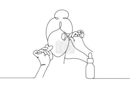 Ilustración de Una mujer realiza un masaje facial usando un rodillo facial y una tabla de gua sha. Herramientas para mejorar la piel. Junto a ella está el aceite facial. Imágenes producidas sin el uso de ninguna forma de IA. - Imagen libre de derechos