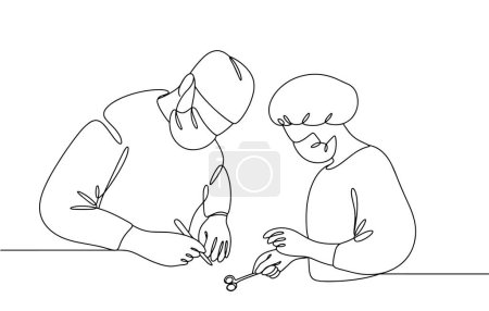 Illustration for The surgeon performs the operation together with the operating nurse who assists him. Working in the operating room. Vector. Images produced without the use of any form of AI software at any stage. - Royalty Free Image