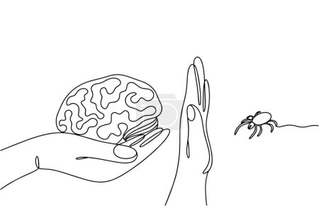 Ilustración de Una mano sostiene el cerebro y la otra lo protege del ácaro de la encefalitis. Prevención de la encefalitis. Imágenes producidas sin el uso de ningún tipo de software de IA en cualquier etapa. - Imagen libre de derechos
