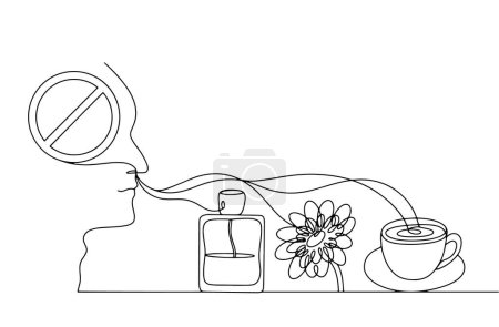 Téléchargez les illustrations : Une personne inhale l'arôme de parfum, de fleur et de café, mais ne sent pas. Perte totale d'odeur. Illustration vectorielle. Images produites sans l'utilisation d'une quelconque forme de logiciel d'IA à tout moment. - en licence libre de droit