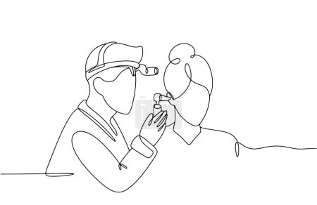 Ilustración de Un otorrinolaringólogo diagnostica la audición de un paciente usando un otoscopio. La importancia del examen preventivo por parte de un médico. Imágenes producidas sin el uso de ningún tipo de software de IA en cualquier etapa. - Imagen libre de derechos