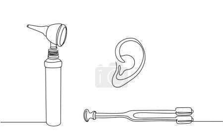 Otolaryngologist tools for hearing diagnostics. Otoscope and tuning fork. World Hearing Day. Images produced without the use of any form of AI software at any stage. 