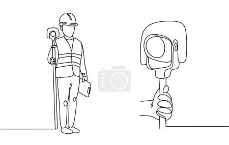 Illustration for A surveyor holds a geodetic pole in his hand. A tool for fixing a point on the ground when working with geodetic equipment. Images produced without the use of any form of AI software at any stage. - Royalty Free Image