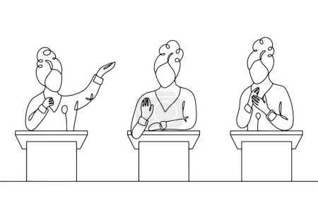 A woman makes a speech standing behind a podium. Official business communication. Vector illustration. Images produced without the use of any form of AI software at any stage. 