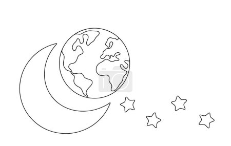  Planet Erde neben Mond und Sternen. Nachts. Symbol für Ruhe und Nachtruhe. Weltschlaftag. Vektorillustration. Bilder, die in jeder Phase ohne den Einsatz von KI-Software erstellt werden. 