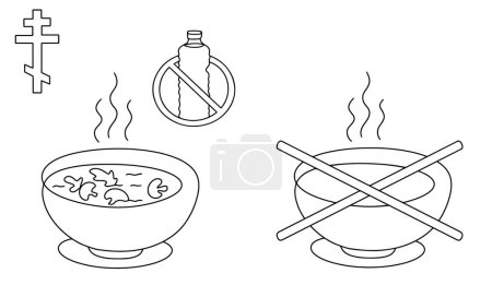 Téléchargez les illustrations : Jours de Carême, lorsque vous mangez des aliments chauds sans huile est autorisé. Et les jours où la nourriture chaude est interdite. Illustration vectorielle. Images produites sans l'utilisation d'une quelconque forme de logiciel d'IA à tout moment. - en licence libre de droit