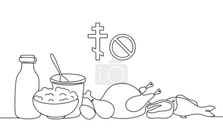 Téléchargez les illustrations : Nourriture interdite pendant le Carême par l'Église orthodoxe. Lait, fromage cottage, crème sure, viande, poisson et œufs. Vecteur. Images produites sans l'utilisation d'une quelconque forme de logiciel d'IA à tout moment. - en licence libre de droit