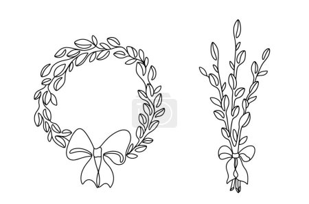 Illustration for Easter wreath made of willow branches. Willow branches fastened with a bow. Religious tradition of sacred willow. Vector. Images produced without the use of any form of AI software at any stage. - Royalty Free Image