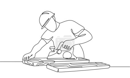 Illustration for A carpenter polishes the surface of wooden blocks using a sanding machine. International Craft Day. Vector illustration. Images produced without the use of any form of AI software at any stage. - Royalty Free Image