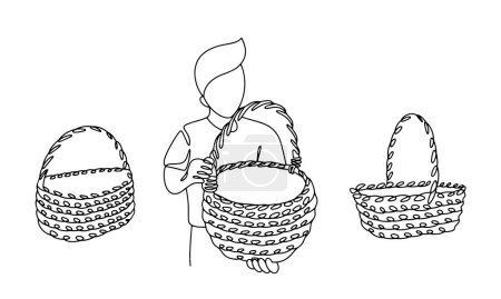 Illustration for A wicker weaver demonstrates a finished basket. Weaving products from natural materials. International Craft Day. Images produced without the use of any form of AI software at any stage. - Royalty Free Image