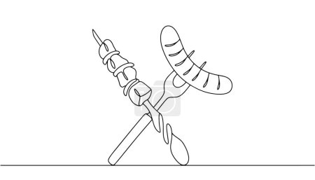 Ilustración de Skewer con shish kebab y tenedor con salchicha a la parrilla. Comida apetitosa. Ilustración vectorial. Imágenes producidas sin el uso de ningún tipo de software de IA en cualquier etapa. - Imagen libre de derechos