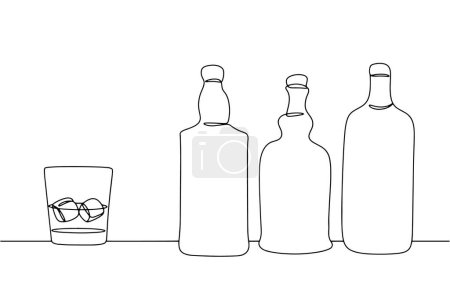 Téléchargez les illustrations : Diverses bouteilles de whisky et un verre avec une boisson. Une boisson alcoolisée forte faite à partir de différents types de grains. Vecteur. Images produites sans l'utilisation d'une quelconque forme de logiciel d'IA à tout moment. - en licence libre de droit