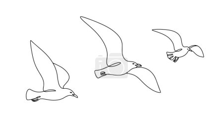 Ilustración de Un rebaño de gaviotas vuela hacia adelante. Hermosas aves que viven cerca de cuerpos de agua. Ilustración vectorial. Imágenes producidas sin el uso de ningún tipo de software de IA en cualquier etapa. - Imagen libre de derechos