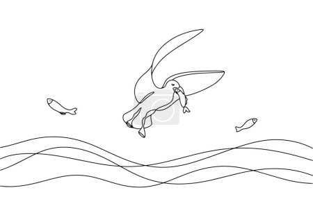 Ilustración de Una gaviota atrapó un pez en el agua. Caza de aves marinas para comer en el mar. Ilustración vectorial. Imágenes producidas sin el uso de ningún tipo de software de IA en cualquier etapa. - Imagen libre de derechos
