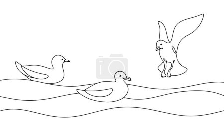 Seagulls swimming in the water. A waterfowl that hunts fish and plankton. Vector illustration. Images produced without the use of any form of AI software at any stage. 