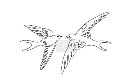 Ilustración de Un par de golondrinas revolotean en el cielo. Pájaros pequeños con una larga cola bifurcada. Aves migratorias. Vector. Imágenes producidas sin el uso de ningún tipo de software de IA en cualquier etapa. - Imagen libre de derechos