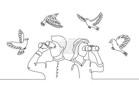 A man and a woman are watching birds. Active recreation for those who love to explore the world. Vector illustration. Images produced without the use of any form of AI software at any stage. 