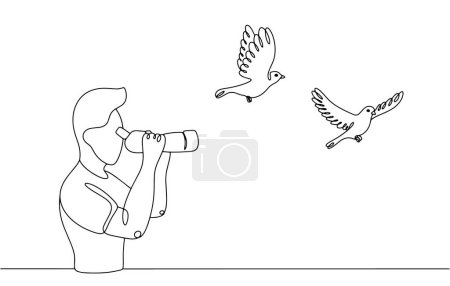 Ilustración de Un hombre observa pájaros usando un dispositivo especial. Ornitología amateur en condiciones naturales. Un hobby popular. Ilustración vectorial. Imágenes producidas sin el uso de ningún tipo de software de IA en cualquier etapa. - Imagen libre de derechos