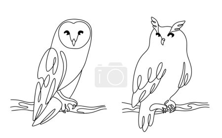 Two different owls are sitting on a tree branch. Birds of prey that live everywhere. Vector illustration. Images produced without the use of any form of AI software at any stage. 