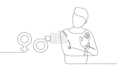 A man shows a no gesture to male and female symbols. Asexual self-determination. Vector illustration. Images produced without the use of any form of AI software at any stage. 