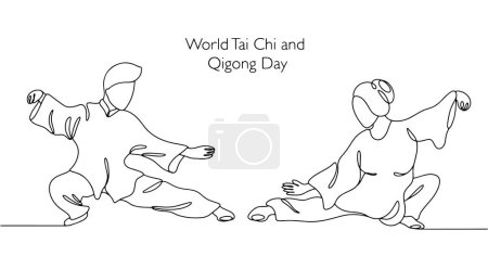 Man and woman practicing the Chinese martial art Taizquan. World Tai Chi and Qigong Day. Vector illustration. Images produced without the use of any form of AI software at any stage. 