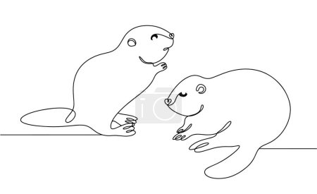 Dos castores dibujados en una línea se sientan uno frente al otro. Lindos roedores con una cola grande. Ilustración vectorial. Imágenes producidas sin el uso de ningún tipo de software de IA en cualquier etapa. 