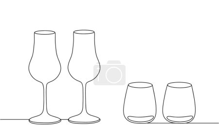 Deux verres à tulipes et deux verres à cylindre à l'ancienne pour le rhum. Journée internationale du rhum. Illustration vectorielle. Images produites sans l'utilisation d'une quelconque forme de logiciel d'IA à tout moment. 