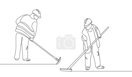 Two road workers are leveling embankment surfaces during road construction using an asphalt trowel. Vector illustration. Images produced without the use of any form of AI software at any stage. 