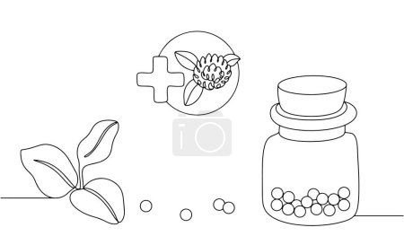 Homeopathic medicines and medicinal herbs. Non-traditional medicine directed to activate the body's own defenses. World Homeopathy Day. Vector illustration.