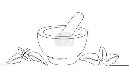 Mortar for grinding medicinal herbs. The process of preparing homeopathic medicines. World Homeopathy Day. Simple line illustration for different uses.