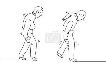 An elderly man walks with an uncertain gait. Poor balance and posture due to Parkinson's disease. World Parkinson's Day. Vector illustration on a white background.