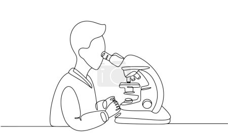 Ilustración de Un médico asistente de laboratorio hace un análisis mirando a través de un microscopio. Comprobación biomaterial de la presencia de organismos patógenos y oportunistas. Ilustración vectorial. - Imagen libre de derechos