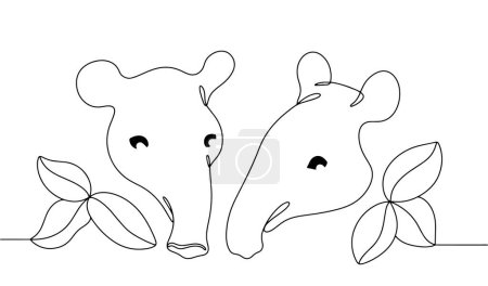 The heads of two tapirs are surrounded by leaves. Herbivores in natural habitat. World Tapir Day. Vector line illustration on a white background.