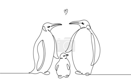 Illustration for Two adult penguins protect their chick. Penguin family. Cute birds. World Penguin Day. Isolated line on a white background. - Royalty Free Image