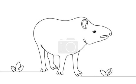 Ligne de tapir adulte tracée. Un grand équidé herbivore avec un petit tronc, vivant dans les forêts tropicales. Journée mondiale du tapir. Vecteur isolé.
