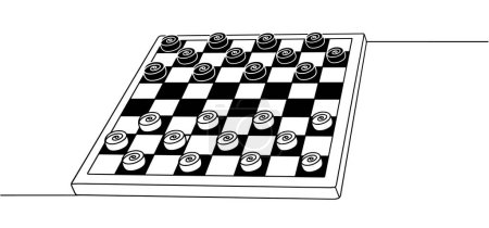 Checkers. A game according to certain rules for two players on a multi-square board with special checker pieces. Black and white vector illustration.