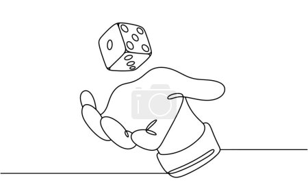 La main lance les dés. Moule à six côtés standard pour divers jeux de société. Illustration de ligne simple pour différentes utilisations.