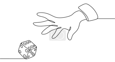 Une main lance un dé sur la surface de la table. Un homme fait un mouvement dans un jeu de société. Illustration de ligne sur fond blanc. 